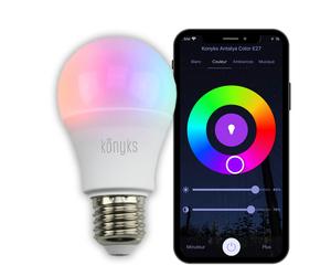 Konyks Antalya Color E27 - Ampoule connectée LED WiFI + BT, 1055 Lumens, 11 W, Couleurs + Blanc réglable, compatible avec Alexa ou Google Home, Automatisations faciles