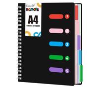 Koogel Carnet à spirale ligné 28 x 21 cm noir avec intercalaires couverture imperméable 5 sujets pour l'école et le bureau 28 x 21 cm