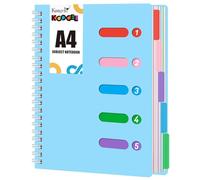 Koogel Carnet à spirales ligné A4 bleu avec intercalaires Couverture étanche Carnet 5 sujets pour prise de notes scolaire bureau 28 x 21 cm