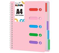 Koogel Carnet ligné A4 à spirale rose avec intercalaires Couverture rigide 5 sujets Journal pour prise de notes scolaire 28 x 21 cm
