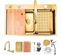 Koogiddr 80 X 45 Cm sans évier en Acier Inoxydable Évier De Bar Multifutiol Doré Évier Encastré à 1 Bassin avec Accessoires Tels Qu’Un évier Extensible avec 5 Tro, Gold, 75x45cm