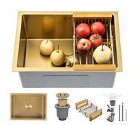 KOOGIMDDR 55 × 40 cm Or Évier de Préparation Mini Trompette Acier inoxydable Multifonctionnel Cuisine Essential Simple Vasque Lavabo avec drainage doré et composants de montage, avec panier de vidage