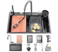 KOOGIMDDR Évier de cuisine 75 x 45 cm Avec robinet cascade En acier inoxydable noir Pour usage domestique Nettoyeur haute pression, planche à découper, panier