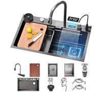 KOOGIMDDR Évier de cuisine 80 × 45 cm avec cascade, robinet cascade LED, planche à découper coulissante et rince-tasse haute pression, compact et multifonctionnel, 75×45CM