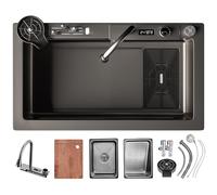 KOOGIMDDR Évier de cuisine avec cascade, 75 × 45 cm, robinet cascade LED, planche à découper coulissante et rince-tasse haute pression, compact et multifonctionnel, 75×45CM