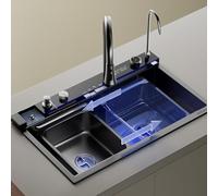 KOOGIMDDR Évier de cuisine cascade 68 x 46 cm, 1 évier en acier inoxydable nano-revêtement, robinet à 4 positions, station de travail spacieuse, bassin d'évier dans la cuisine avec planche à découper