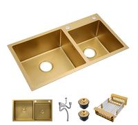 KOOGIMDDR Évier de cuisine doré 75 x 40 cm, double bac en acier inoxydable 304 revêtu de nano, évier de bar avec bouchon d'évier doré et tamis d'écoulement, à monter en surface ou sous plan