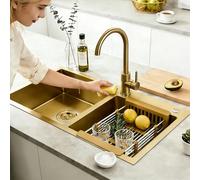 KOOGIMDDR Évier de cuisine double bac 80 x 45 cm doré inox nano - Avec 2 bondes dorées, siphon, trop-plein et égouttoir inclus - Encastrable sous/sur-plan - pour grande cuisine familiale, rénovatio