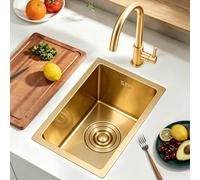 KOOGIMDDR Évier de cuisine moderne en acier inoxydable avec robinet et siphon - 38 x 26 cm - Doré - 1 bac encastrable - Panier d'évacuation télescopique - Lavabo de cuisine