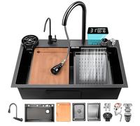 KOOGIMDDR Évier de cuisine multifonction en acier inoxydable - 68 x 45 cm - Bac simple avec revêtement nano cascade et robinet extractible 3 en 1, bac profond avec planche à découper, évier à tasses