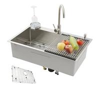 KOOGIMDDR Évier de cuisine multifonction en acier inoxydable SUS304 85 x 50 cm - Fait à la main - Avec grille de fond - Grand évier de cuisine avec un bac, avec robinet et divers accessoires