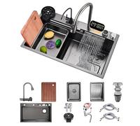 KOOGIMDDR Évier de cuisine multifonctionnel en acier inoxydable 75 x 50 cm, Évier de bar cascade profond, Évier à poser 1 bac pour usage domestique, Lave-verres et paniers d'évacuation