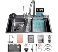 Koogimddr Évier de cuisine pour poste de travail, en acier inoxydable, avec robinet cascade et jet haute pression, simple et pour usage domestique, 90 x 50 cm, noir/gris