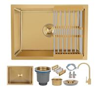 KOOGIMDDR Évier de préparation doré de 55 x 40 cm avec robinet en acier inoxydable sous plan de cuisine multifonctionnel à cuve unique avec vidange dorée et composants de montage, avec panier de