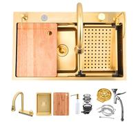 KOOGIMDDR Évier sous-plan Nano 75 x 45 cm en acier inoxydable, finition or, 1 vasque, 5 trous pour robinets, kit complet de 13 pièces avec accessoires