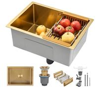 KOOGIMDDR Mini évier de préparation trompette en acier inoxydable 60 × 40 cm, doré, multifonction, essentiel pour la cuisine, évier simple avec drain doré et composants de montage, avec panier de