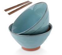 Kook Lot de 2 bols à ramen japonais en terre cuite - Passe au micro-ondes et au lave-vaisselle - Pour riz, Udon, soba, Pho - 1 020,6 g - Avec un lot de baguettes en bois (bleu sarcelle)