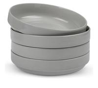 KooK Lot de 4 grands bols à pâtes en céramique, passent au micro-ondes et au lave-vaisselle, parfaits pour les soupes et les salades, bols de service peu profonds, porcelaine brillante, 1,3 l, gris