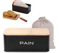 KOOK TIME Boîte à Pain en Métal avec Couvercle en Bambou - Huche à Pain Ventilée - Design Moderne - Inclut Sac à Pain en Coton - 34x19x12.5 cm. - Noir Mat