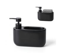 Kook Time Distributeur de Savon Cuisine avec Porte-Éponge 520 ML Curve - Organiseur d'Évier en Céramique pour Liquide Vaisselle et Éponge. Design Étroit. 18 x 7.3 x 15 cm. - Noir Mat