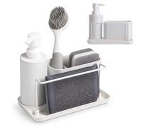 Kook Time Distributeur de Savon de Cuisine en Plastique Blanc Mat Organiseur d'évier avec Compartiment pour récurer et brosses et Porte-Chiffon Distributeur de Savon de Cuisine 21 x 12 x 19