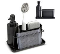 Kook Time Distributeur de Savon de Cuisine en Plastique Noir Mat Organiseur d'évier avec Compartiment pour récurer et brosses et Porte-Chiffon Distributeur de Savon de Cuisine 21 x 12 x 19