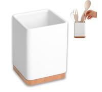 KOOK TIME Porte-ustensiles de cuisine en céramique blanc avec base en bambou | Pot de rangement carré 10,5 x 10,5 x 15 cm | Accessoire moderne pour spatules, louches et fouets