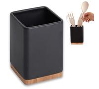 KOOK TIME Porte-ustensiles de cuisine en céramique noire mate avec base en bambou | Pot de rangement carré 10,5 x 10,5 x 15 cm | Accessoire moderne pour spatules, louches et fouets