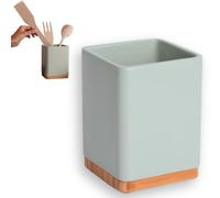 KOOK TIME Porte-ustensiles de cuisine en céramique vert sauge mate avec base en bambou | Pot de rangement carré 10,5 x 10,5 x 15 cm | Accessoire moderne et écologique pour spatules, louches et fouets
