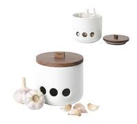 KOOK TIME Pot à Ail en Céramique CURVE - Boîte de Conservation avec Trous d'Aération et Couvercle en Acacia. Pour Ail, Échalotes ou Gingembre. Design Nordique. 11.5 x 12 cm. - Blanc