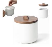 Kook Time Pot à Sel en Céramique CURVE - Boîte Hermétique avec Couvercle en Bois d'Acacia. Pot Multiusage pour Sel, Sucre ou Épices. Design Nordique. 11.5 x 12 cm. - Blanc