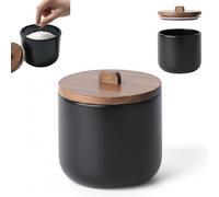 Kook Time Pot à Sel en Céramique CURVE - Boîte Hermétique avec Couvercle en Bois d'Acacia. Pot Multiusage pour Sel, Sucre ou Épices. Design Nordique. 11.5 x 12 cm. - Noir mat