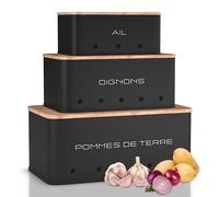 KOOK TIME rangement pomme de terre oignon ail - Lot de 3 - Boite pomme de terre oignons ail - rangement légumes avec petits trous de ventilation pour une circulation d'air optimale - Noir Mat