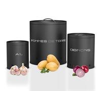 KOOK TIME rangement pomme de terre oignon ail - Lot de 3 - Boite pomme de terre oignons ail - rangement légumes avec petits trous de ventilation pour une circulation d'air optimale - Noir Mat