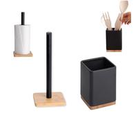 KOOK TIME Set d'accessoires de Cuisine - Comprend 1 x Porte ustensiles de Cuisine et 1 x Porte sopalin - Céramique et métal laqué Noire Mate et Base et Dessus en Bambou