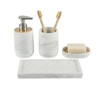 Kook Time Set de Salle de Bain 4 Pièces avec Plateau - Distributeur (Pompe Alliage Zinc), Gobelet, Porte-Savon et Plateau de Rangement - Effet Marbre et Bambou - Organisation Moderne