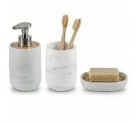 Kook Time Set Salle de Bain 3 Pièces - Distributeur Savon, Porte-Brosse à Dents et Porte-Savon - Résine Finition Marbre et Bambou - Ensemble Accessoire Salle de Bain - Élégant et Pratique