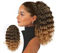 KooKaStyle Extension de queue de cheval bou duveteuse, avec cordon de serrage - Pour femme - Cheveux synthétiques longs, bouclés et ondulés - Pour un usage quotidien (45,7 cm, noir ombré à blond)