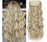 KooKaStyle Lot de 4 extensions de cheveux longs ondulés épais à clipser Brun cendré Blond platine 61 cm