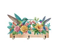 KookuLEE Porte-clés peinture diamant 5D avec 3 crochets, crochets décoratifs muraux pratiques pour porte d'entrée, fait à la main, oiseaux volants bleus, fleurs, écharpe, chapeau (03)