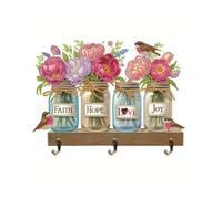 KookuLEE Porte-clés peinture diamant 5D avec 3 crochets, crochets décoratifs muraux pratiques pour porte d'entrée, fait à la main, bouteille de vœux, fleurs, écharpe, chapeau, porte-clés (05)