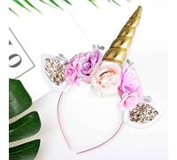 KOOKZ Serre-tête Licorne, 1 Pièce Fille Bandeau Fleur et Corne de Licorne Oreilles, Bandeaux Décoratif Licorne Accessoires Serre Tete Fete pour Cosplay Birthday Party Halloween Carnaval (Doré)