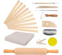 Koolenry Kit D'Enseignement de Poterie 20pcs avec Rouleaux Rouleaux, Poterie Enseigne des Bâtons de Boue Roulants en Argile Outils de Sculpture et de Lin Premium