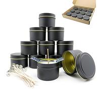 KOOLPUG Lot de 12 Pots pour Bougie, Pots Bougie Vide, Contenants pour Bougie avec 15 mèches de bougie pré-cirées en soja, Contenant Bougie pour la Fabrication Bougie (Noir)