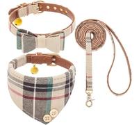 KOOLTAIL Ensemble collier et laisse avec nœud papillon et clochettes - Joli collier bandana et laisse pour chiot avec motif écossais classique, laisse en cuir souple anti-nœuds pour petits garçons et
