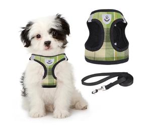 KOOLTAIL Harnais et Laisse en Maille Douce à Carreaux pour Petit Chien, réglable et Confortable avec Design réfléchissant pour Chiots et Chiens de Petite Race, pour Promenade en Plein air (Vert)