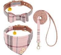 KOOLTAIL Pink Girl Ensemble collier et laisse pour chiens de petite taille avec nœud papillon et clochettes - Collier bandana et laisse mignon pour chiot avec motif écossais classique, laisse en cuir