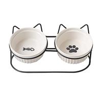 Koomiao Gamelles Surélevées pour Chat Bol Double pour Chat Déjeuner Céramique(2x400ml), Inclinable à 15° Gamelle Animaux pour Nourriture/Eau (Blanc - Noir)