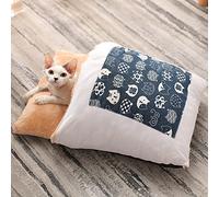 Koomiao Sac de Couchage pour Chat, Japonais Style Coussin pour Chat Lit pour Chat Chiot avec Oreiller Panier pour Chat Amovible et Lavable Niche à Chat Nid de Chat (L-65 * 50cm, Bleu)