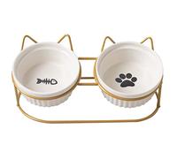 Koomuao Gamelles Surélevées pour Chat Bol Double pour Chat Déjeuner Céramique(2x400ml), Inclinable à 15° Gamelle Animaux pour Nourriture/Eau (Blanc - Or)